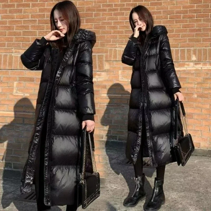 （Clearance）New Black Down Cotton-padded Clothes Korean Version Long Glossy Thickened Slim-fitting Jackets  Trendy Jackets Simple