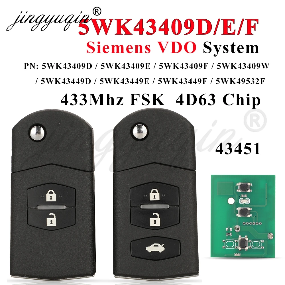 jingyuqin Siemens VDO Flip Car Remote Key for Mazda 2 3 5 6 CX-7 CX-9 MX-5 MPS 5WK43409D/E/F 5WK43449D/E/F 5WK49532F 433MHz 4D63