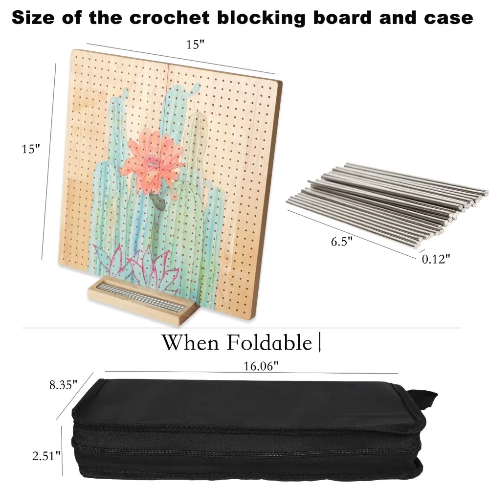 Professional 15" Crochet Blocking Board Foldable Wooden Knitting Board with 30 Pegs Pins Large Size Blocking Mats