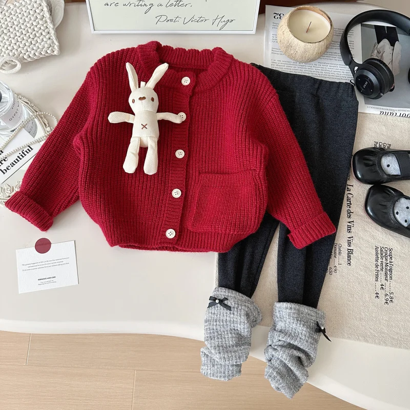 

Children's Outfit New Autumn Fashion Long Sleeve Sweater Knit Cardigan with Cute Leggings Two-Piece Set for Baby Girls