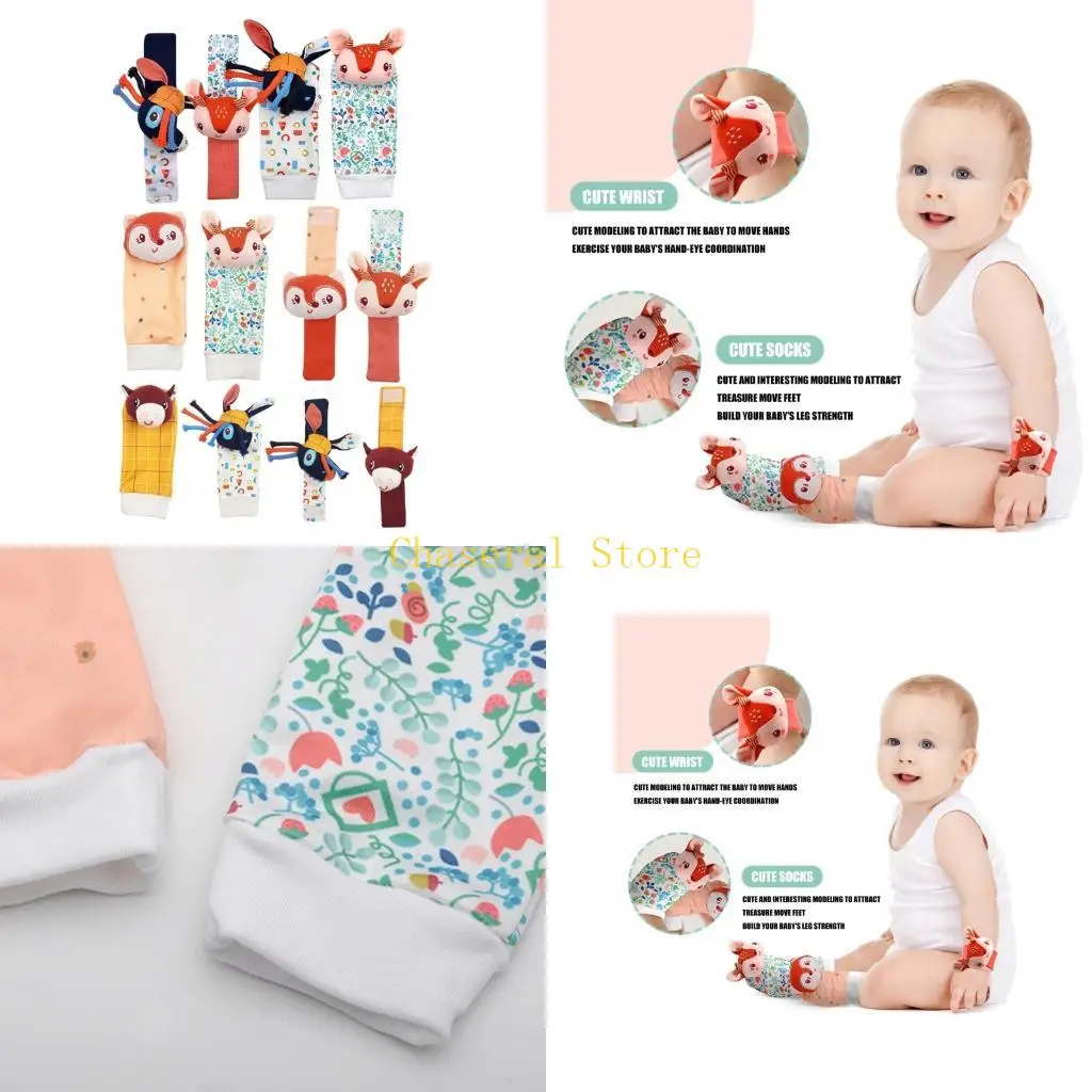 E7CE Soft Plush Wearable Baby Play Set with Wrist Rattles and Foot Sock Pieces, 4-Piece Infant Set for Awake Routines