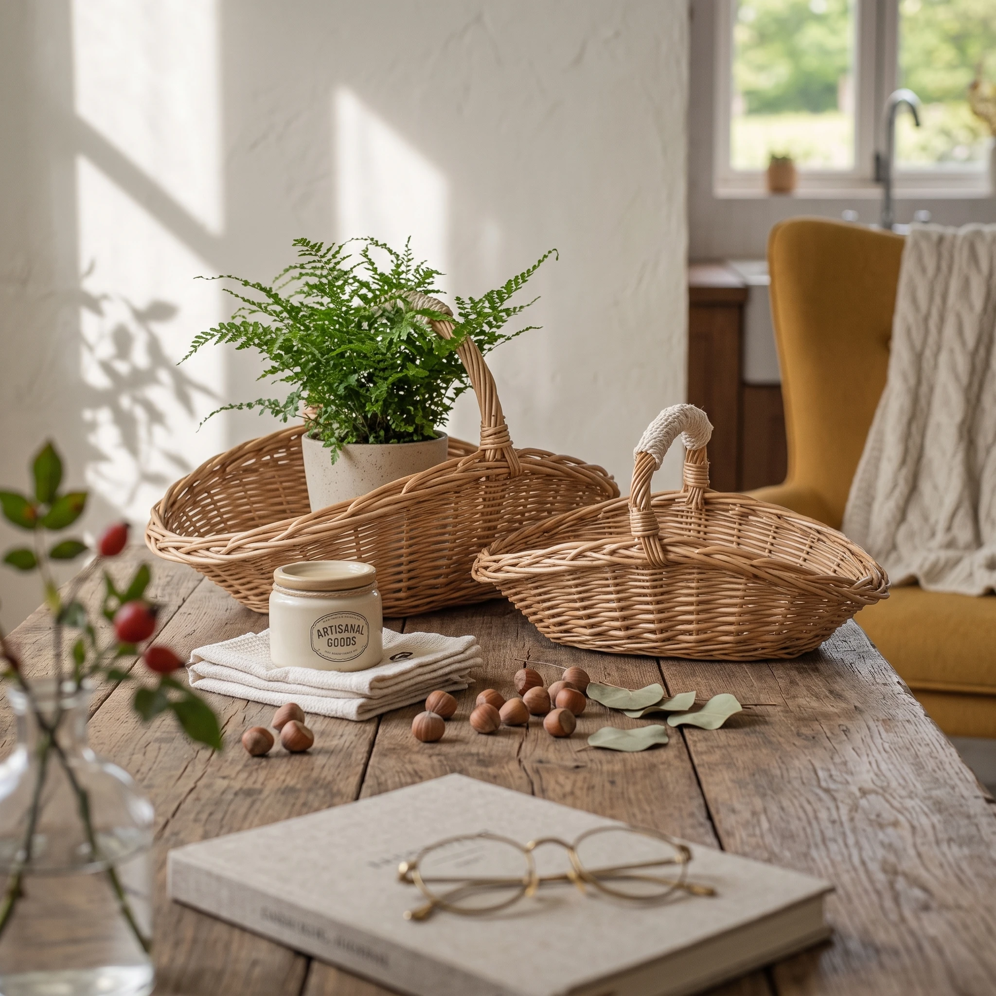 2 Pieces Wicker Storage Basket with Handle Portable Woven Fruit Basket Multipurpose Lightweight for Kitchen, Home Organization