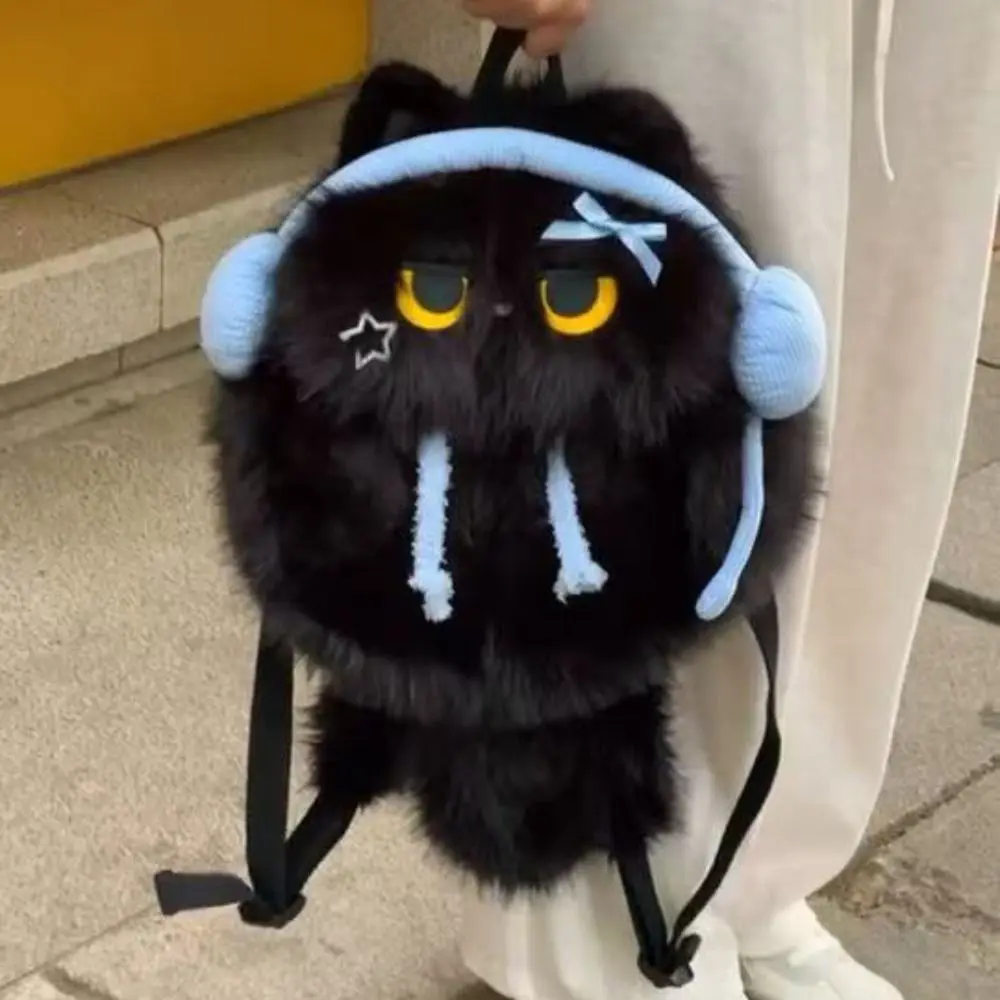 Mochila de Pelúcia de Gato Siamês Kawaii com Fone de Ouvido, Aparência Realista, Simulação de Animal, Bolsa de Ombro Macia e Fofa para Estudantes, Mochila Escolar, Viagem