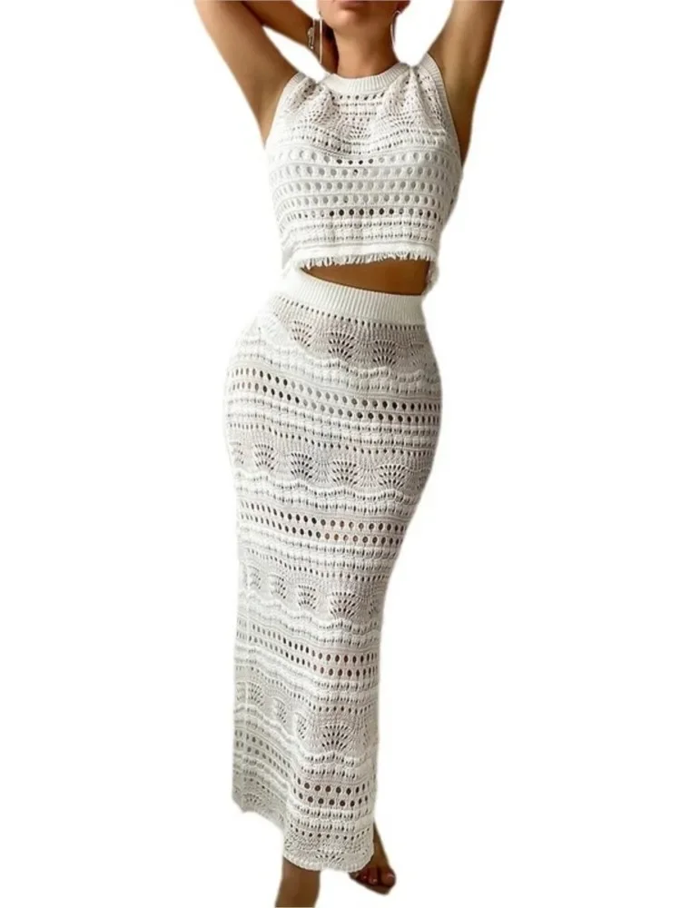 Swimwear Skirt Cover-up 2 Piece Set Women Crop Tops And Long Skirt Bathing Suit Fashion Solid Hollow Sexy Beach Cover Up Outfits