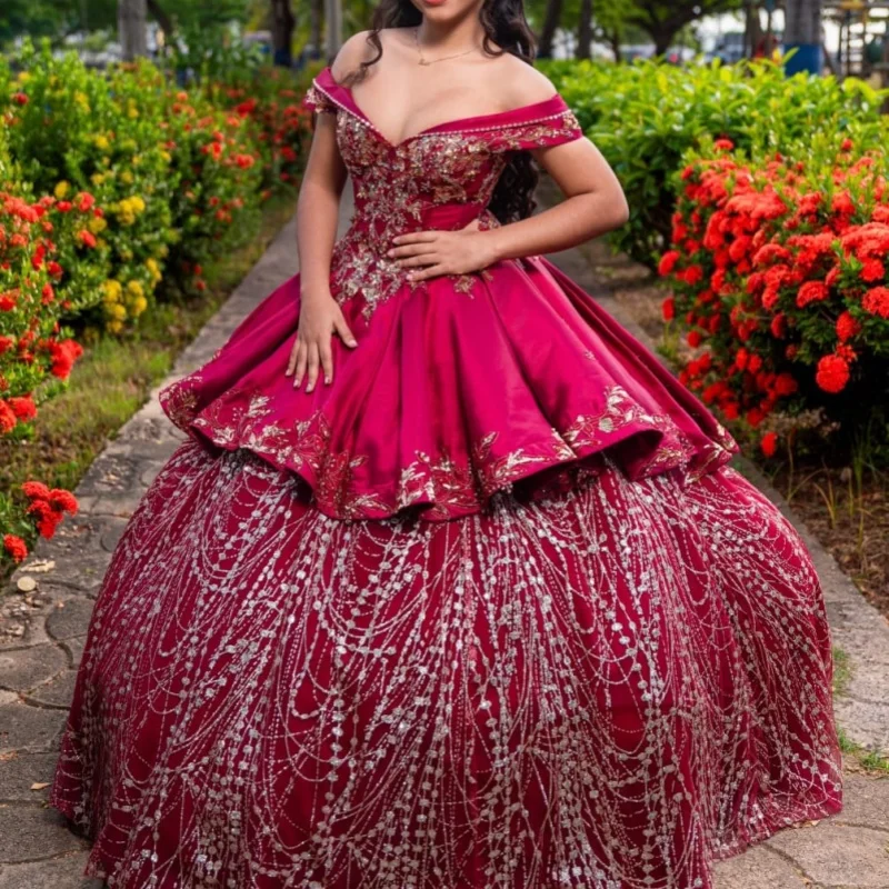

Shiny burgundy Quinceanera Dress crystal glitter Decal Long tail flower layering Bow Vestidos De 15 Quinceanera ﻿Customize