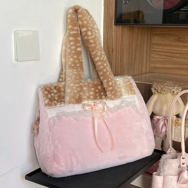 

Милая розовая и коричневая плюшевая сумка-тоут с кружевным декором и бантом, мягкая сумка на плечо, милая сумка в стиле Лолиты, большая вместительная сумка, пушистая сумка через плечо