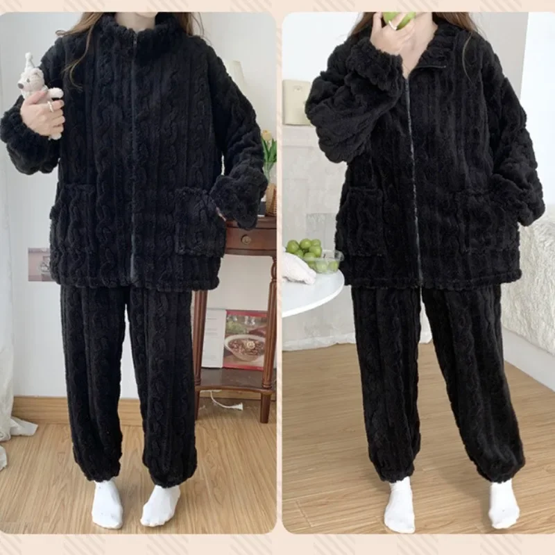 Plus Size Coral Fleece Pajamas Women\'s Autumn and Winter Zipper Cardigan Long Sleeve Trousers Home Clothes Can Be Worn Outside