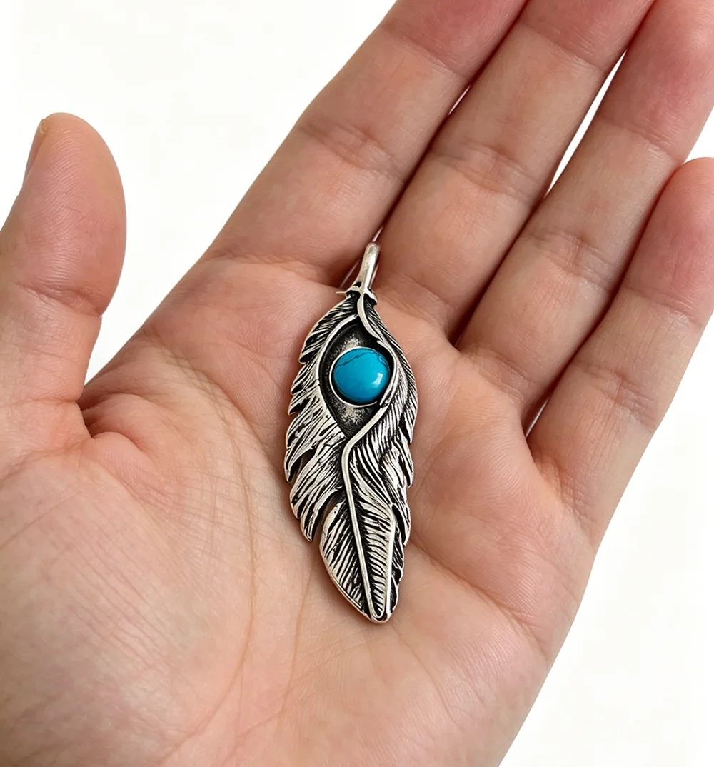 Vintage cast feather sapphire stainless steel pendant, blackened process does not fade, daily wear