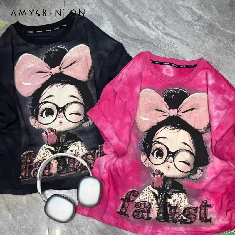 

Fashion Trend American Cartoon Girl Print Short Sleeves T-shirt Loose Slimming Versatile Top Y2k Clothes Kawaii Tshirts Pullover