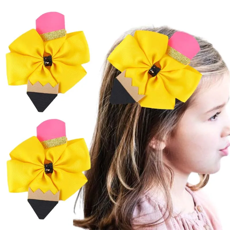 ncmama Back To School Pencil Ribbon Bow Hair Clips for Baby Girls Cute Solid Bowknote Hairpin Student Headwear Hair Accessories