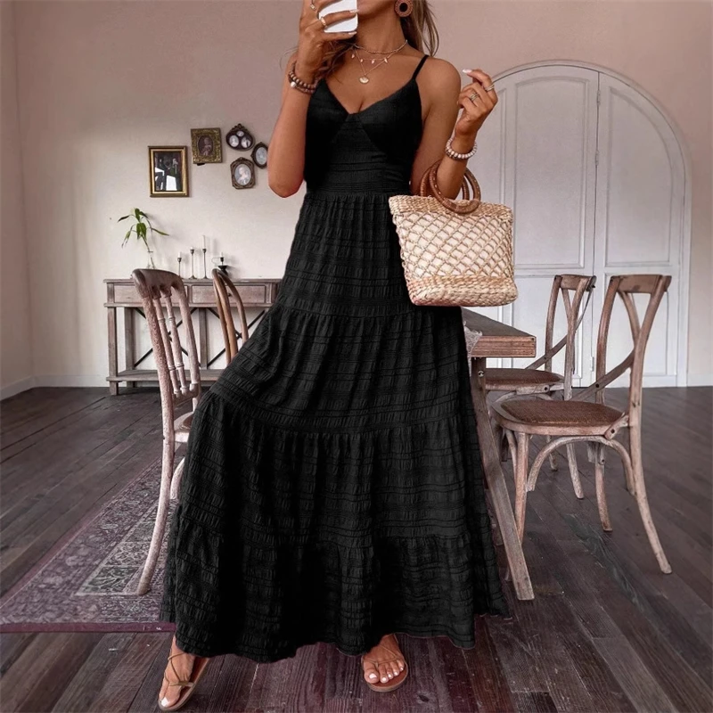 Sexy Hosenträger-Kleid mit V-Ausschnitt, einfarbig, großer Saum, Fliege, langer Rock für Damen, Strand, Party, Date, Nacht, feminines Sommer-Outfit