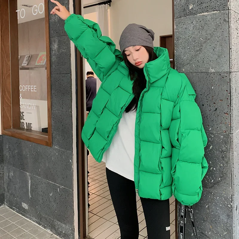 Candy Color Thick Warm Puffer Jacket Women Stand Collar Parka Three-dimensional Weave Square Korean Cotton-padded Jacket New