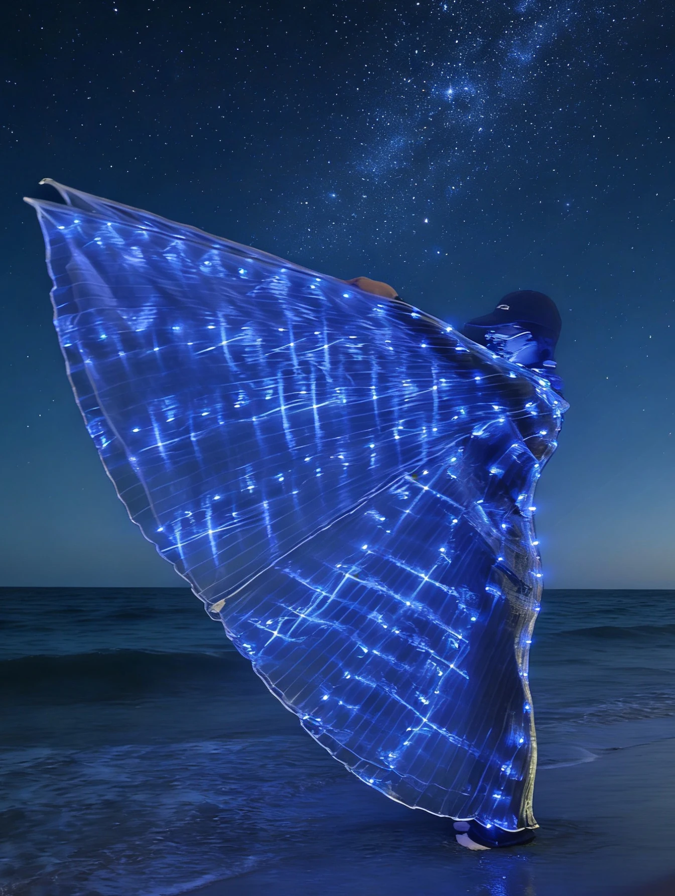 

Синие светящиеся крылья, такие как кусок звездного неба, которые можно отрезать и дышать, светоплощающиеся с дугой, как глубоководная рябь.