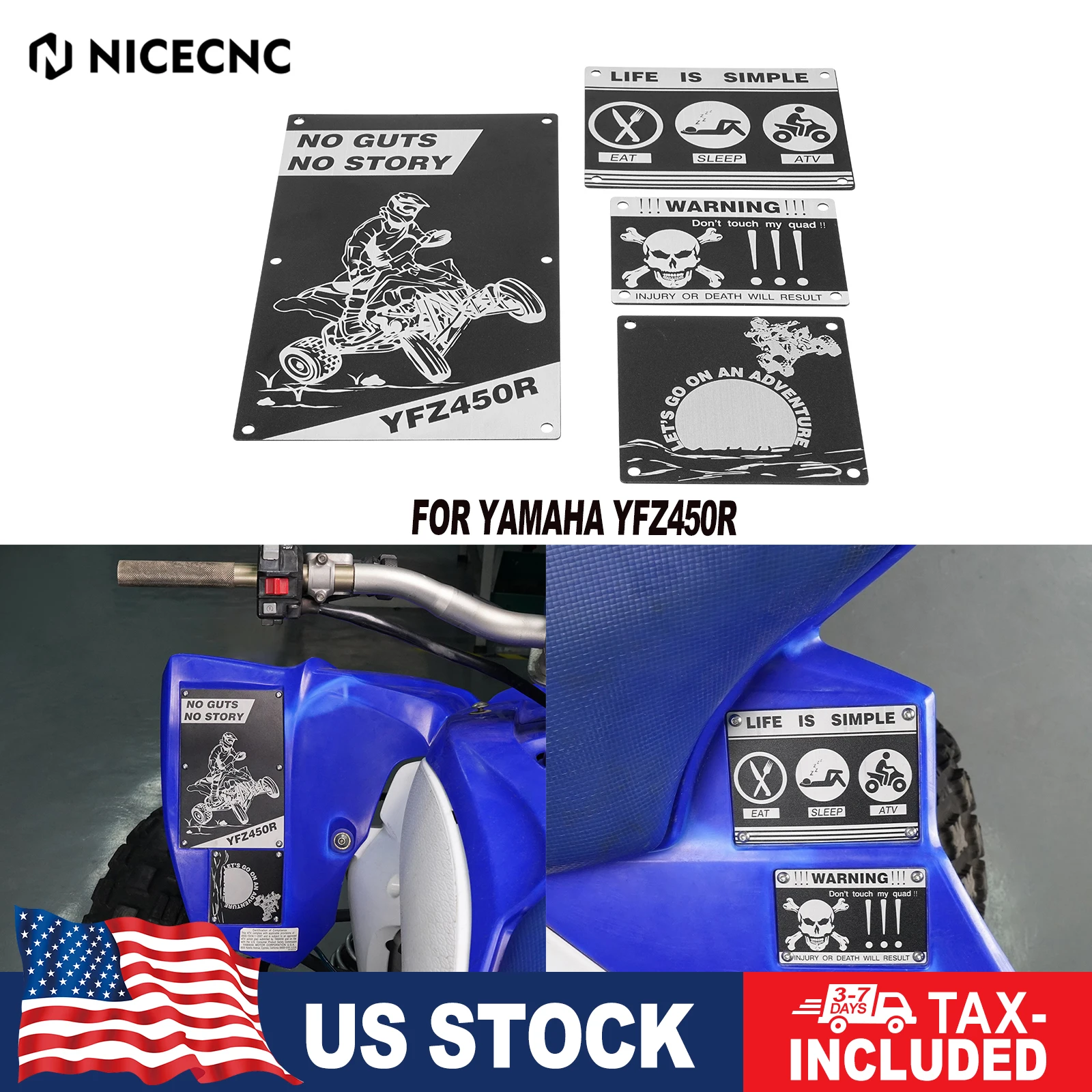 

NICECNC YFZ450 Fender Warning Tags For Yamaha YFZ450R 2009-2024 YFZ450 2009-2013 YFZ450X 2010-2011 Billet Aluminum Laser Cutting