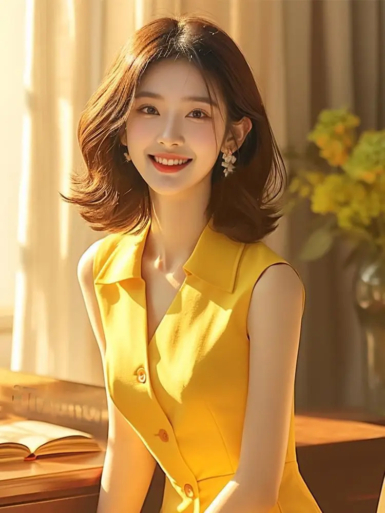 Women\'s Yellow Elegant Sleeveless Dress, Korean Fashion, Street Casual Summer Dress for Women, New, 2024