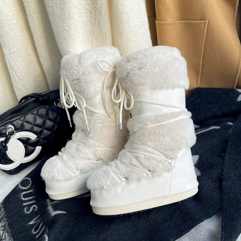 

Thick soled inward height snow boots for women, winter moon boots, long tube, furry warm and non slip ski shoes