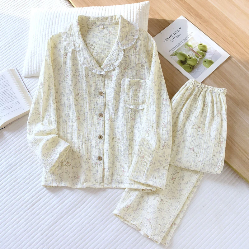 100% Cotton Women's Pajama Set New Spring Autumn pajama Flower Long sleeved Pants Two Piece Set for women Casual Pajamas Home