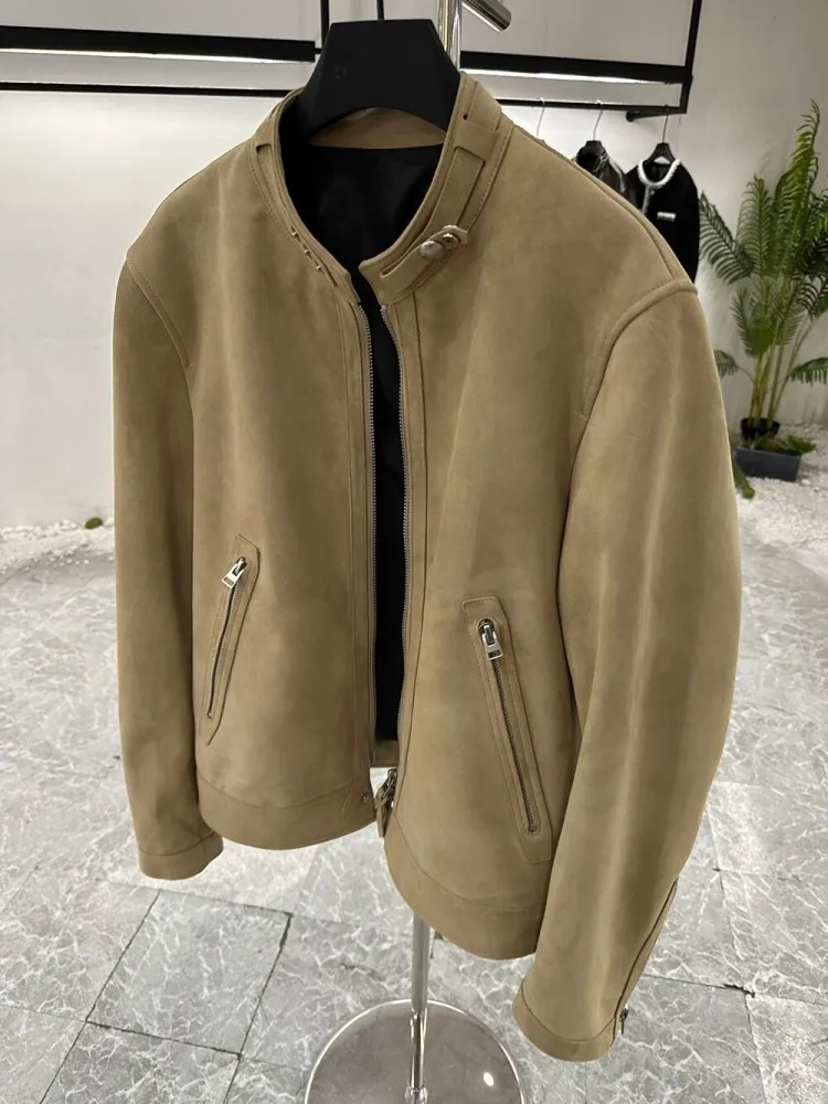High Quality Mens Classic Genuine Leather Pilot Coat Stand Collar Vintage Suede Sheepskin Bomber Jacket Autumn Casual Outerwear
