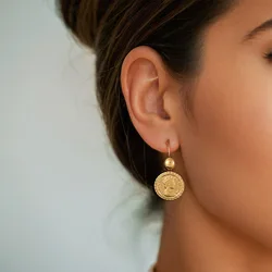 Round Queen Head Gold Coin Drop Earrings Gold Color Stainless Steel Earring For Women Fashion Jewelry Accessories