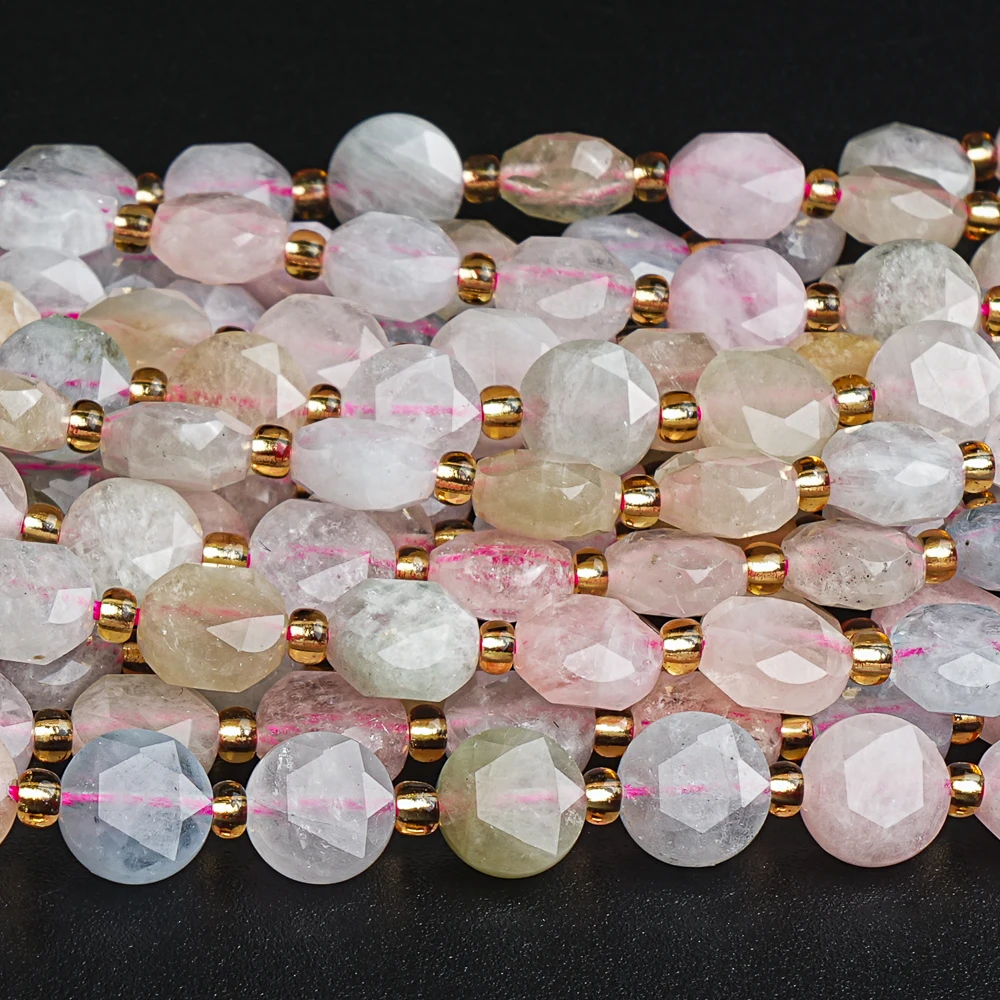 

8mm Natural Morganite Jades Stone Beads Faceted Flat Round Gemstone Beads Strands For Jewelry Making Diy Bracelet Necklace 15''