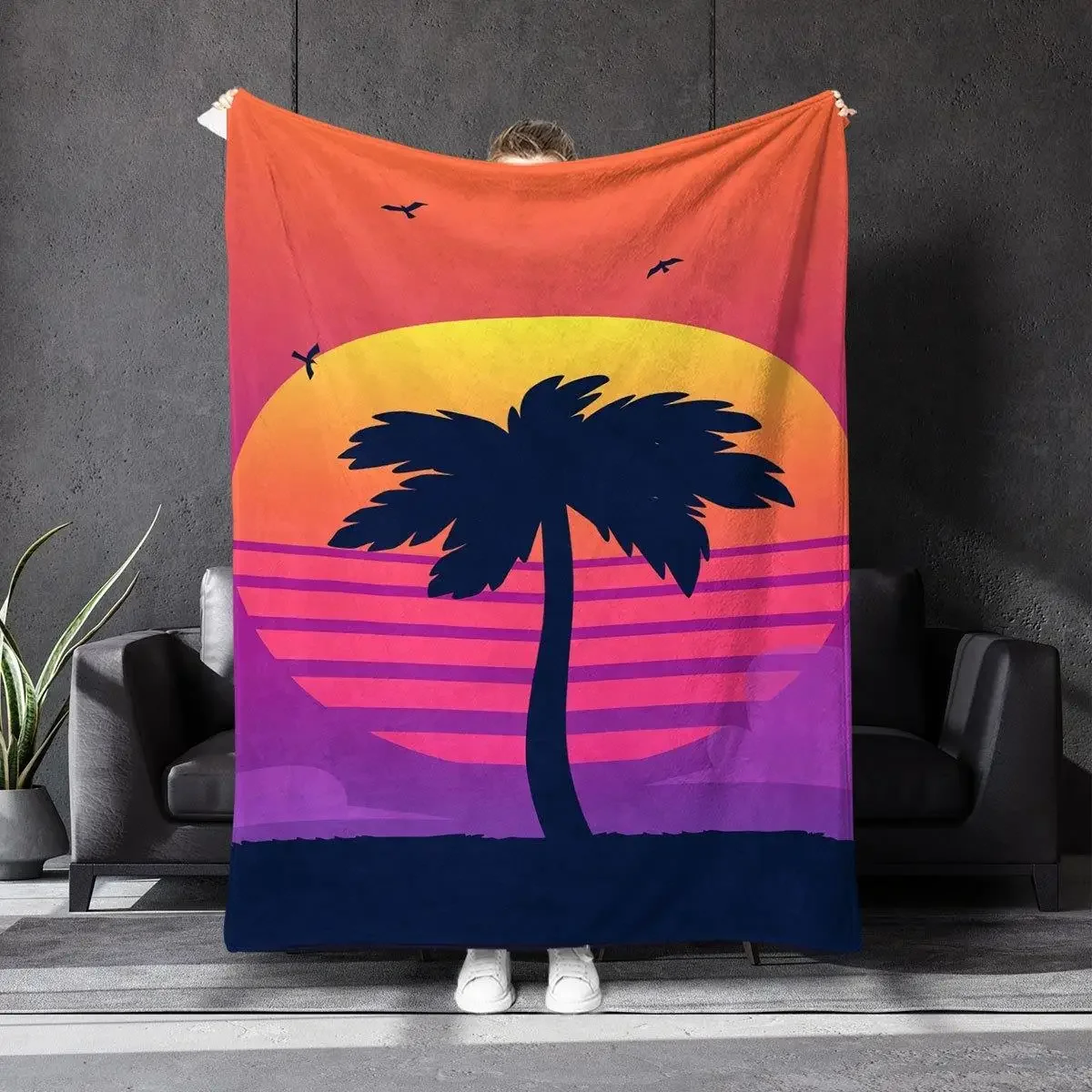 Tropical Sunset Palm Tree Fleece Throw Blanket for Living Room Decor Beach Vibes Home Throw Blanket