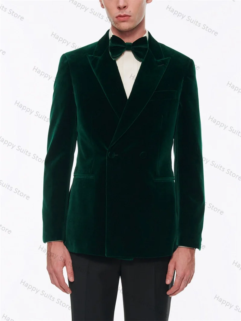 Green Velvet Men Suit Set 2 Pieces Blazer+Black Cotton Pant Formal Work Office Male Autumn Jacket Coat Trouser Wedding Tuxedos