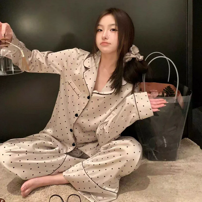 

Spring/Autumn New Arrival: Sophisticated Polka Dot Ice Silk Satin Nightwear for Women Long-Sleeved Homewear Two-Piece Set