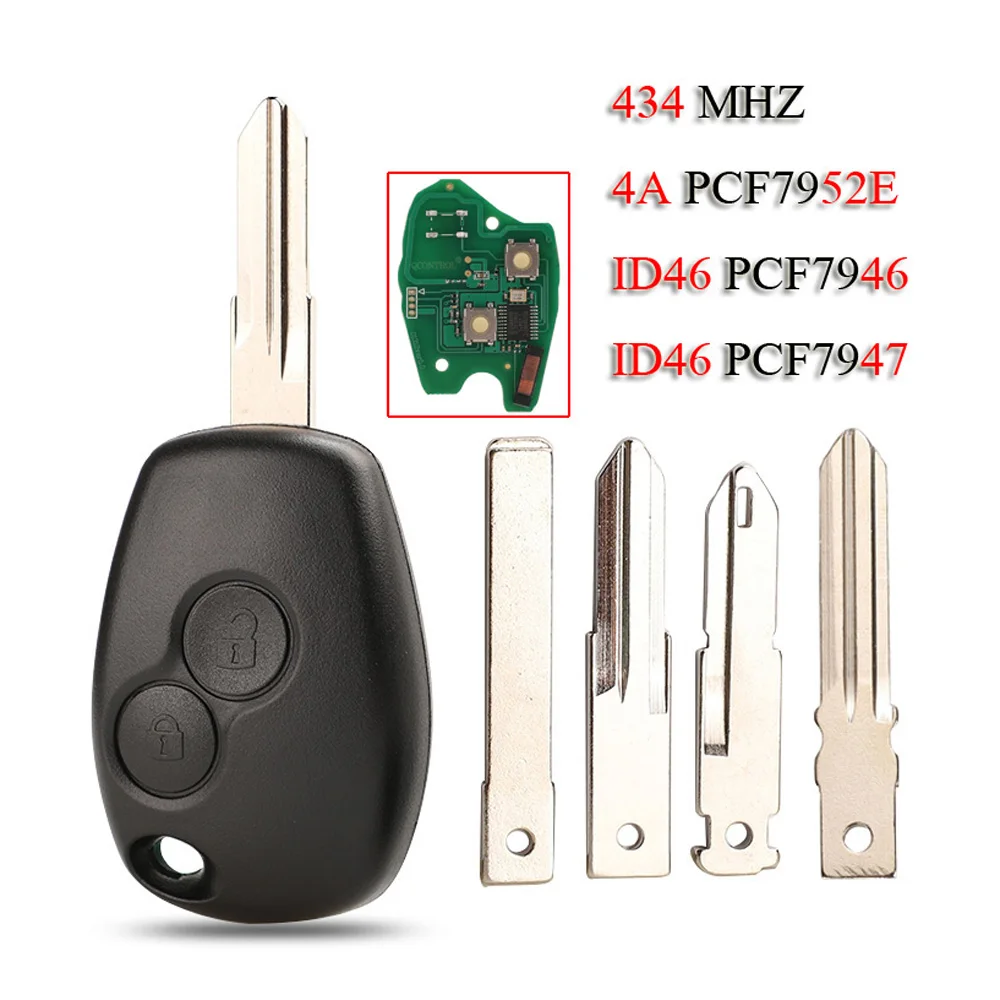 

jingyuqin Remote Car Key For Renault Megan Clio Kangoo Logan Sandero Duster 2Button 433Mhz ID46/4A Chip PCF7946 PCF7947 PCF7952E