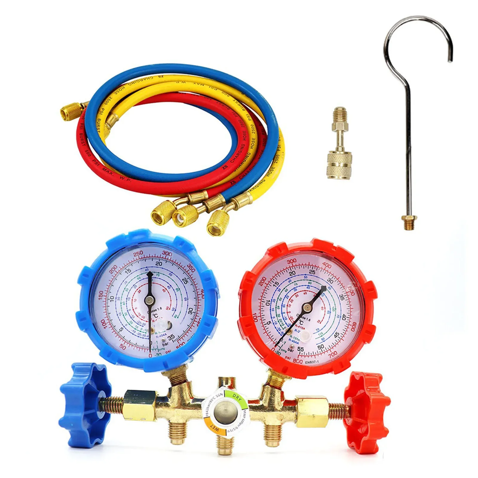 4 Way AC Gauge Set AC Manifold Gauge Set 2500PSI Burst Pressure Brass Manifold Charging Tools For Charging 3 Hoses Included