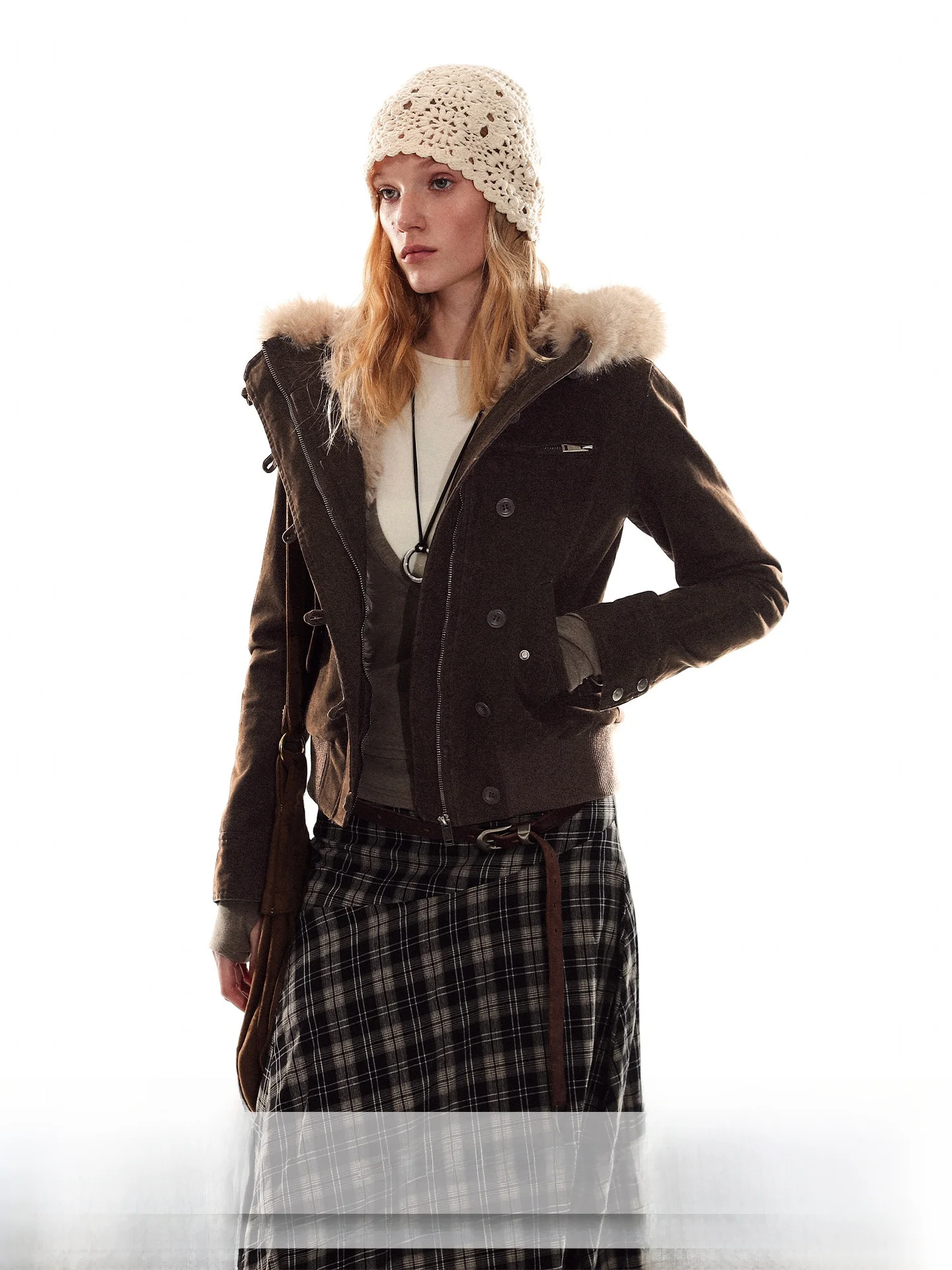 

Adore You Detachable Fur Collar Vintage Waist-Cinching Slim Fit ort Hoodie Zipper Jaet Women's Pure Cotton Long Sve Coat