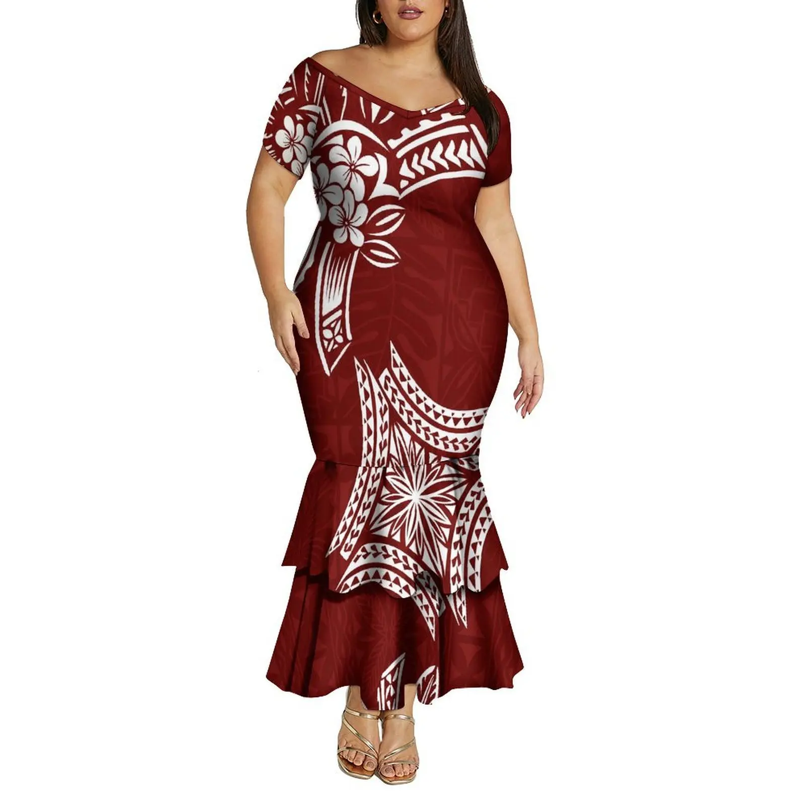 Vestido de verão confortável e macio com decote em V fora do ombro vestido rabo de peixe de camada dupla feito sob medida para mulheres polinesias