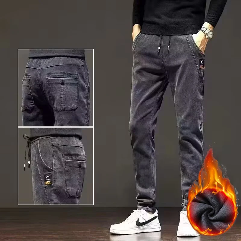 

Мужские новые зимние теплые плюшевые джинсы, мужские утолщенные джинсовые брюки на флисовой подкладке, классические повседневные облегающие эластичные брюки