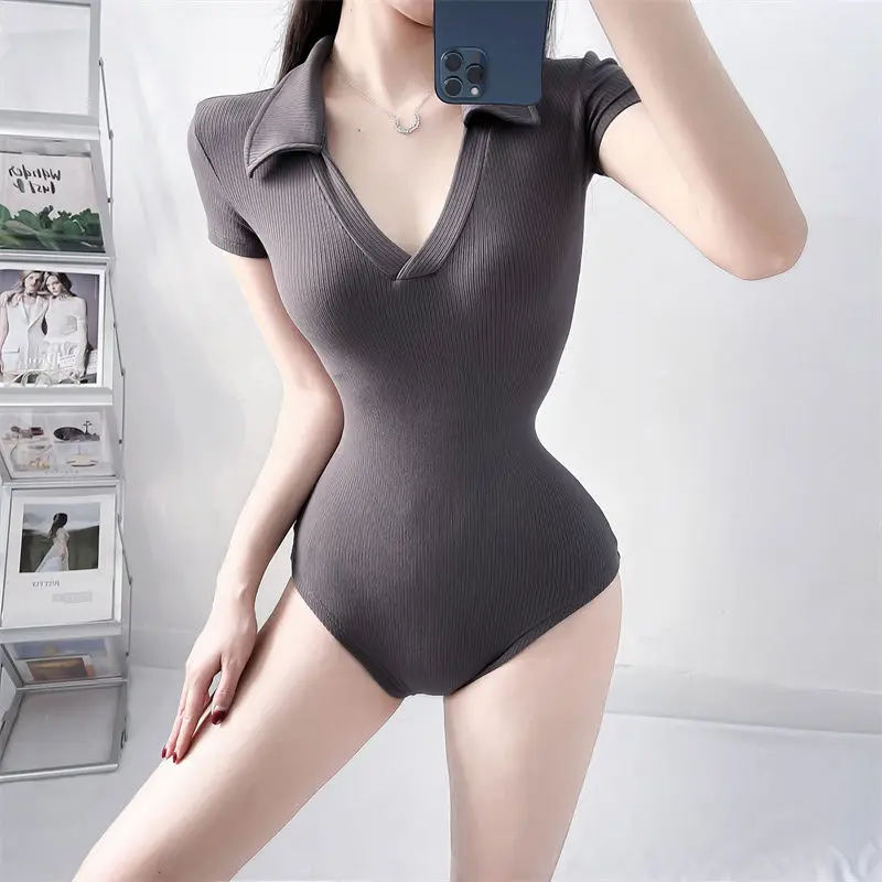 

2022 new Western-style shirt collar slim short sleeve onesie T-shirt top Office Lady Solid