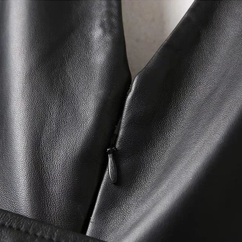 Vintage Matte Leather Dress Women Casual V Neck PU Tank Dress with Belt Ladies Chic Sleeveless Mini Dress Party Pocket Custom
