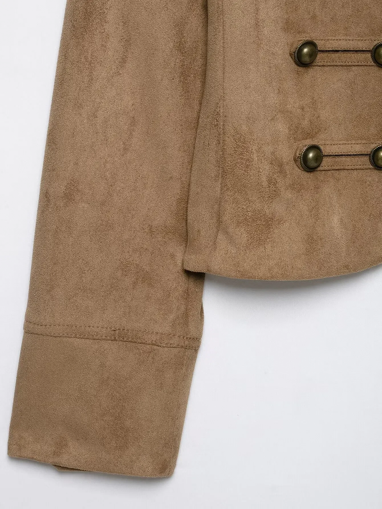 Neu eingetroffene Damen-Slim-Jacke mit Stehkragen, doppelreihigem Verschluss, Metallknopf-Verzierung, Reißverschluss vorne, kurz geschnittene Oberbekleidung, Herbstmode für Damen. – Detail 5
