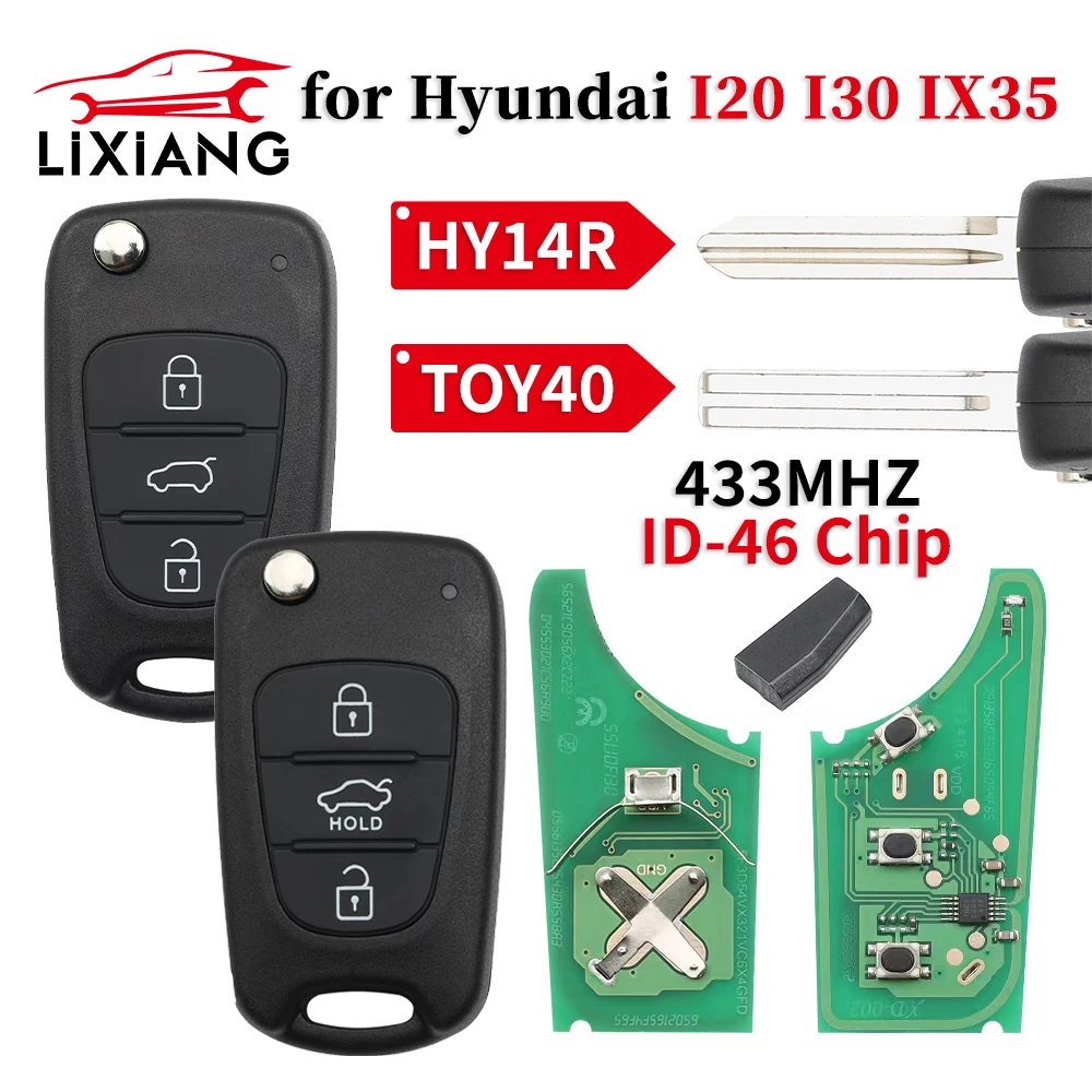 

LX For Hyundai I20 I30 IX35 Avante 433Mhz ID46 Chip 3 Buttons Flip Folding Car Remote Key Fob TOY40HY14R Blade Replacement Key