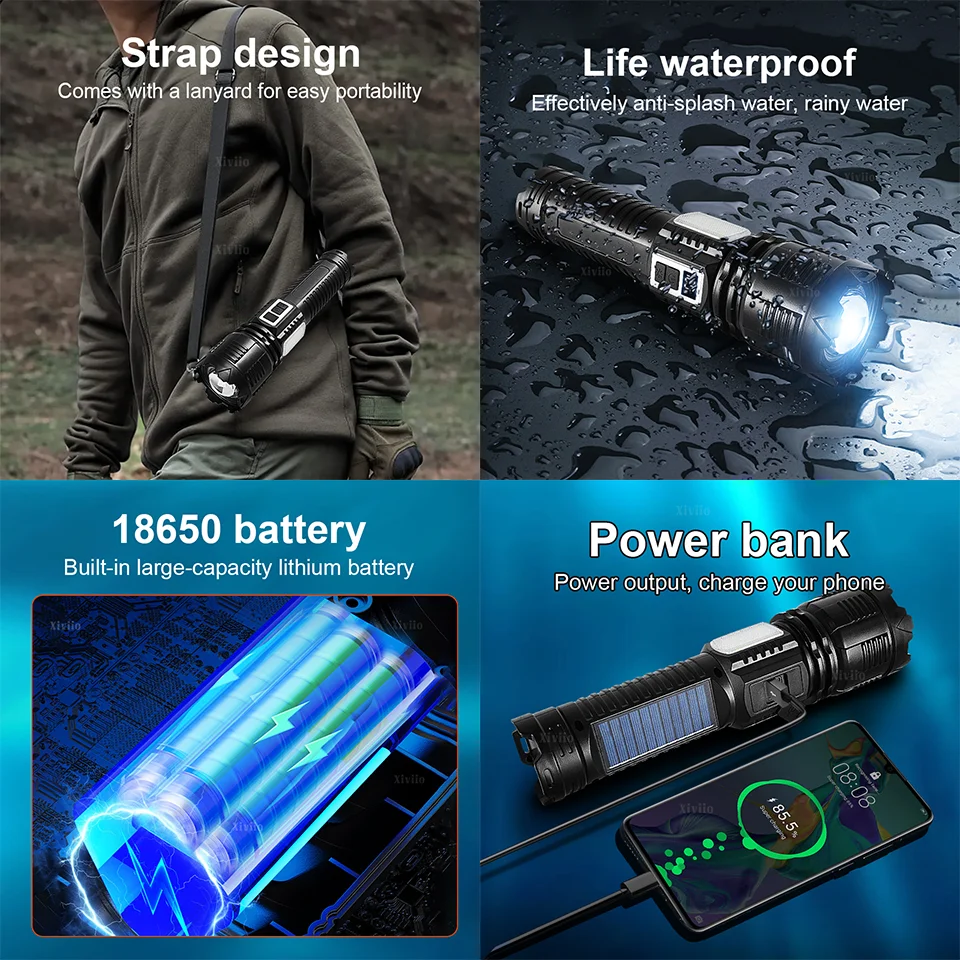 99000000 لومن ترقية جديدة مصباح LED شمسي فائق السطوع شاحن ثنائي الوضع عالي الطاقة: USB + شحن بالطاقة الشمسية ضوء كشاف بعيد المدى 5000 متر مثالي لصيد الأسماك والتخييم والطوارئ