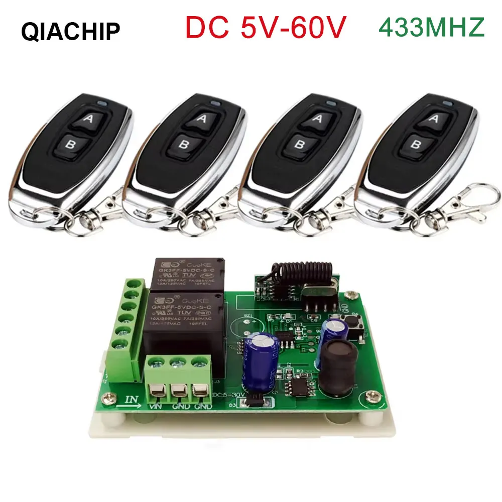 QIACHIP DC 5V-60V 2CH Przełącznik z modułem przekaźnika zdalnego sterowania Uniwersalny 24V 2 Opóźnienie 433MHz Przełącznik zdalnego sterowania Odbiornik przekaźnika