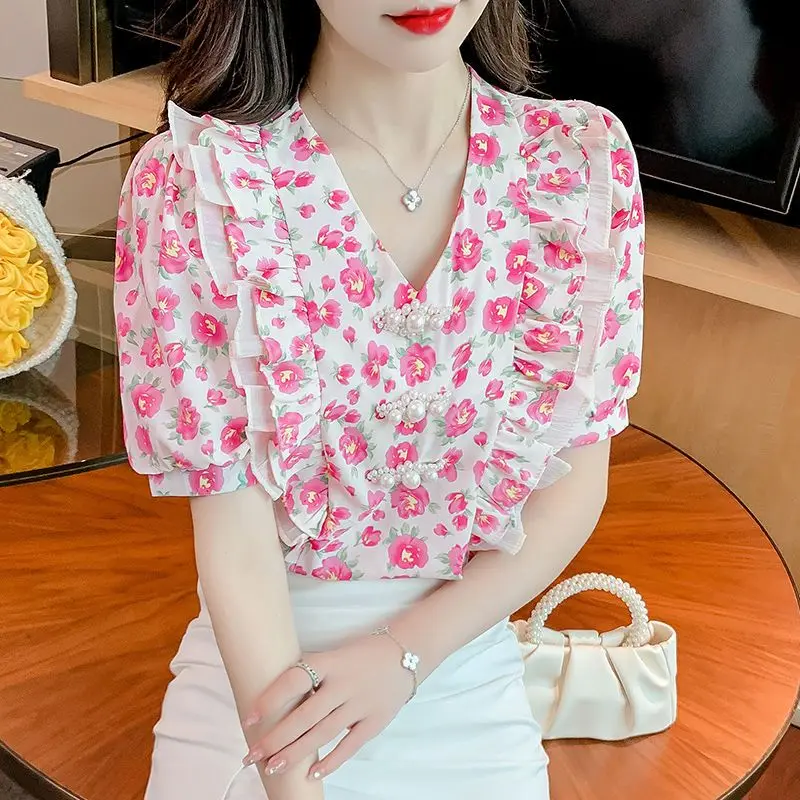 2023 New Summer Temperament Ruffles V-neck Puff Sleeve Blouse Femme Korean Printing Shirts Women Clothes Sweet Pullover Top Tee