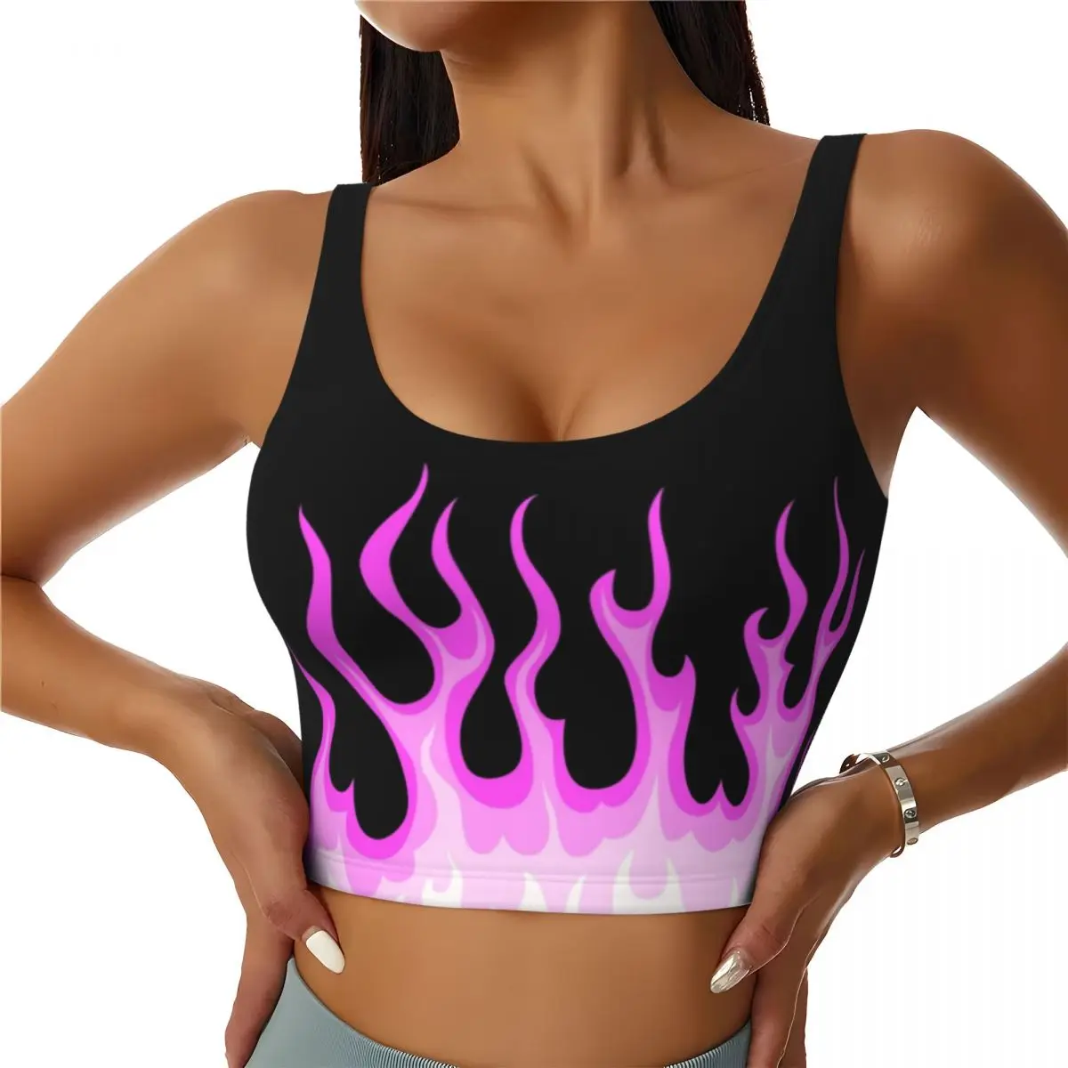 

Custom High Impact Pink Hot Fire Racing Flames Sports Bra Women Gym Workout Yoga Crop Top