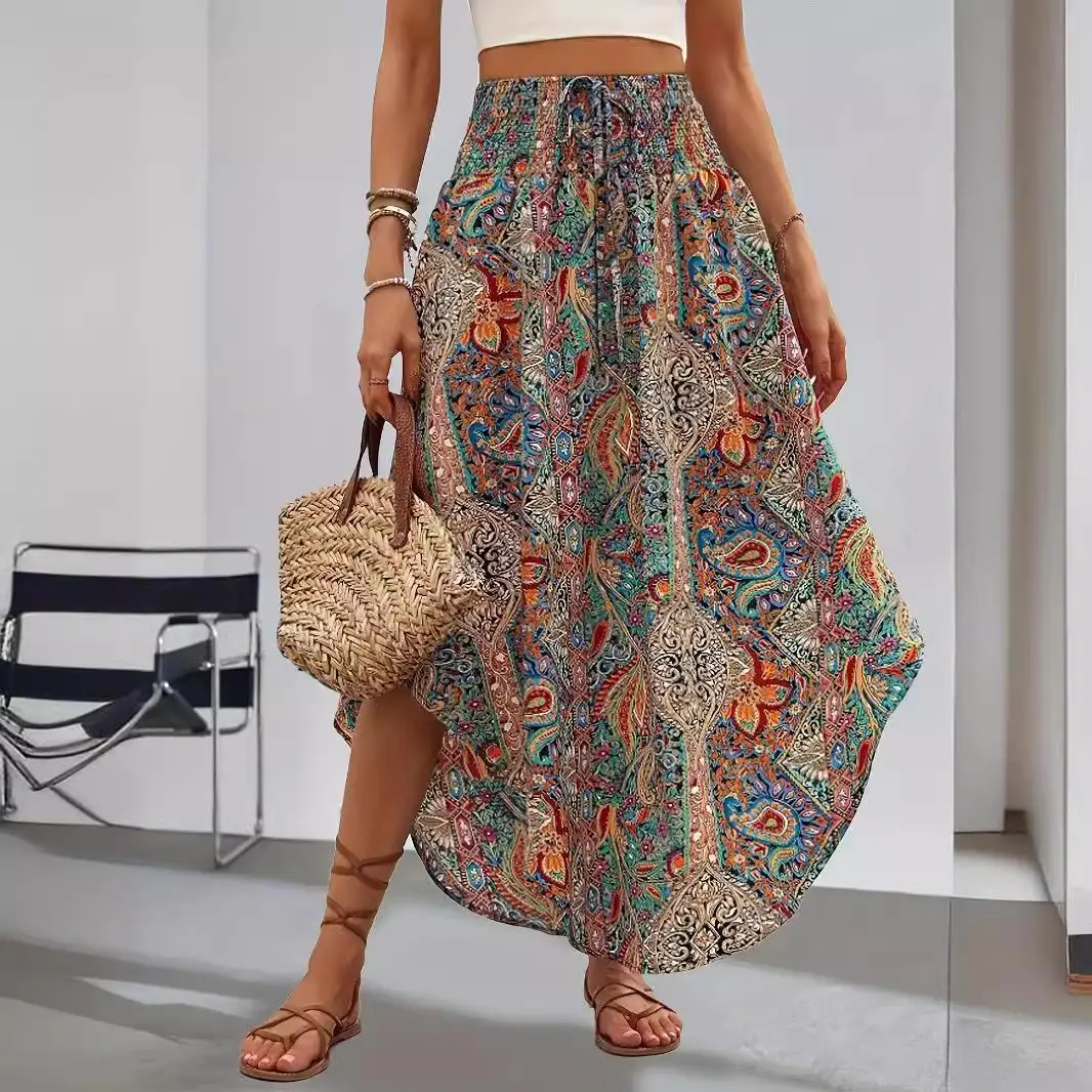 

Exotic Sle High Waisted Dstring f Body Printed Skirt Polyester Fiber Midi Skirt Summer Collection Irregular Hem