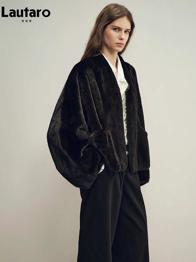Lautaro Autumn Winter Thick Warm Soft Short Black Faux Mink Fur Coat Women V Neck Batwing Sleeve Elegant Luxury Fluffy Jacket