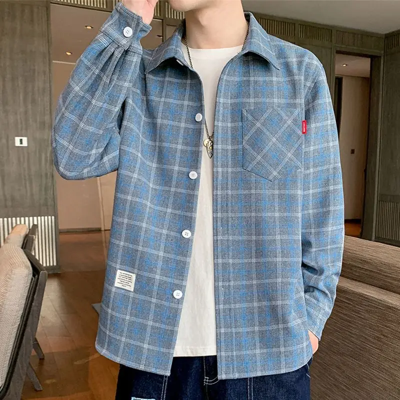 Frühling Herbst Neue Mode drehen-unten Kragen Langarm Plaid Bluse männer Kleidung Koreanische Taste Trend Casual Alle-spiel Shirts