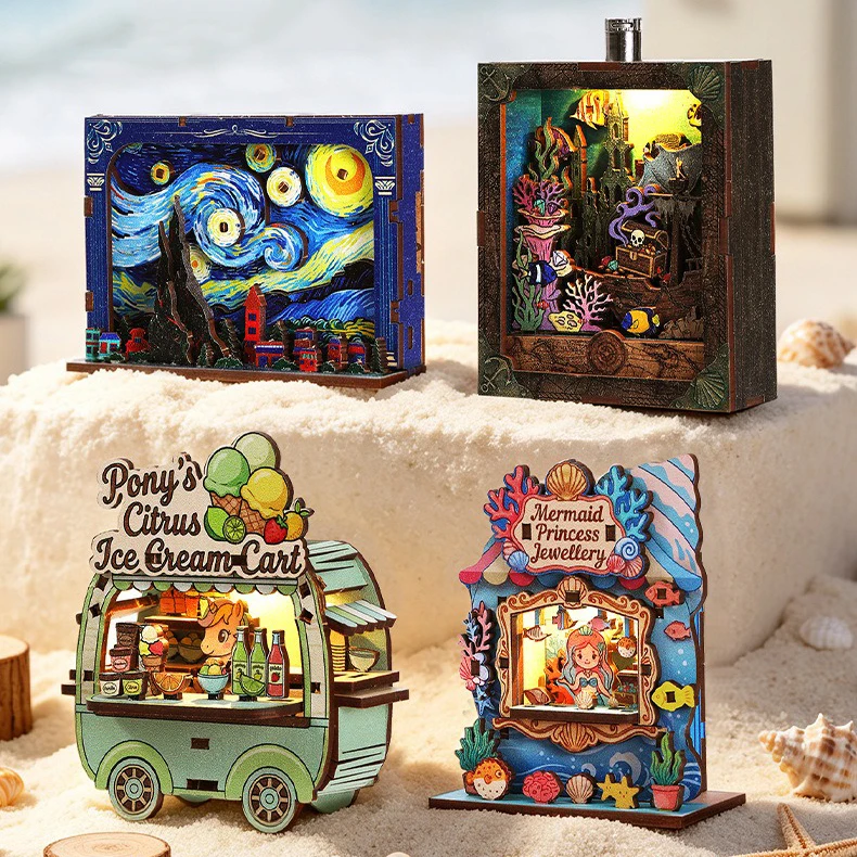 Wooden Assembly Starry Night Ocean Secret Realm Miniature Scene Refrigerator Sticker 3D Puzzle with Light Desktop Creative Mode