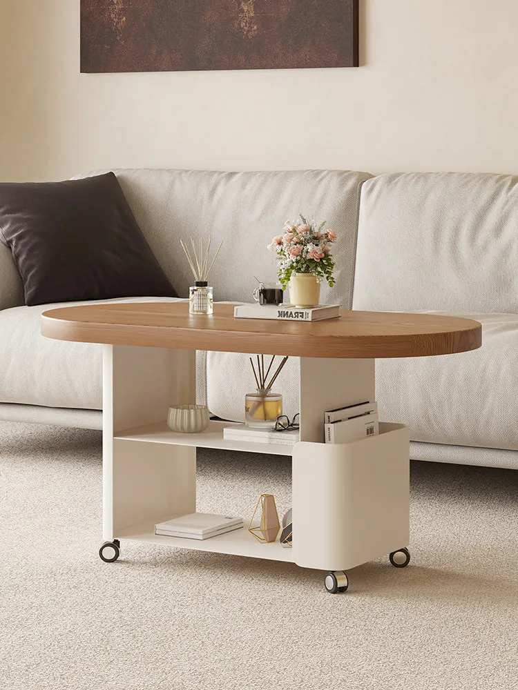 Medieval cream wind solid wood movable sofa side table coffee table dual-purpose high-end feeling living room household wheeled