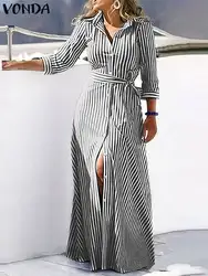 Plus Size 5XL VONDA 2024 Autumn Women Stripe Dress Bohemian Maxi Vestido 3/4 Sleeve Casual Buttons Printed Loose Long Shirt Robe