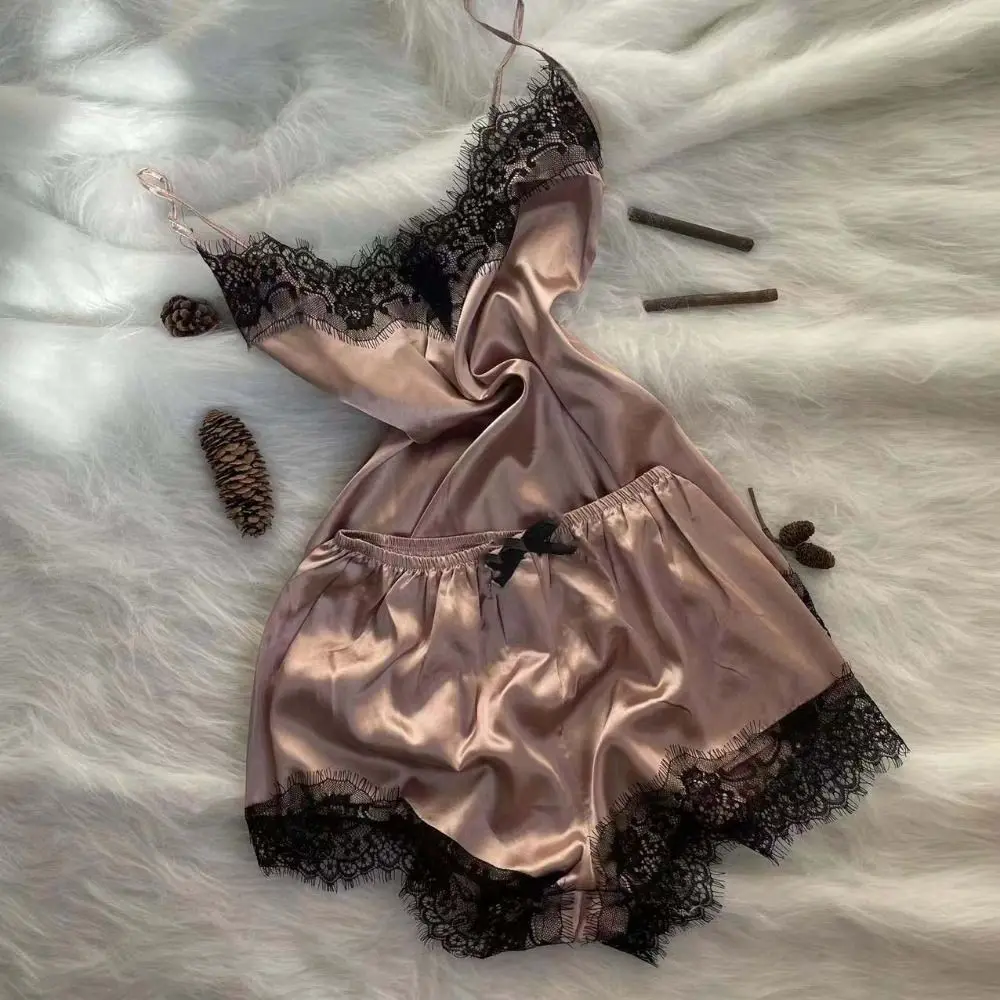 

Модный комплект для сна с бантом и кружевом: атласная пижама из ледяного шелка с V-образным вырезом, свободный домашний костюм из двух предметов для женщин и девушек