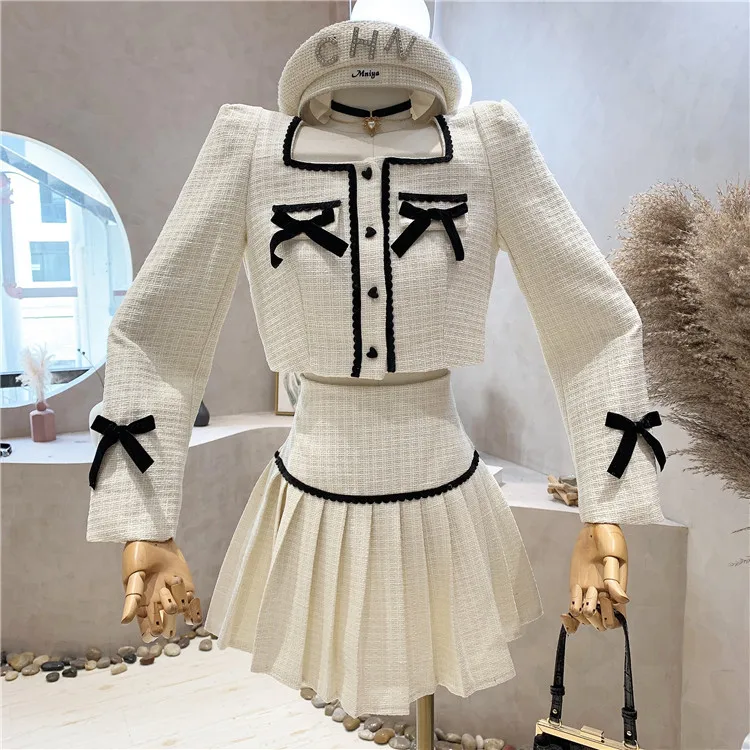 Small Fragrance Tweed 2 Piece Set Women Bow Short Jacket Coat + Skirt Suits Sweet Outfits Vintage Small Fragrance Two Piece Sets