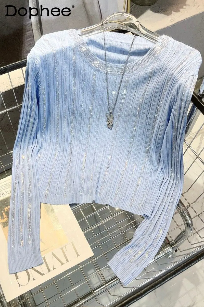 

2023 Summer New Ice Silk Pullover Long-Sleeve T-shirt Female Refined Grace Rhinestone Short Straight Knit T Shirt Tops Outerwear