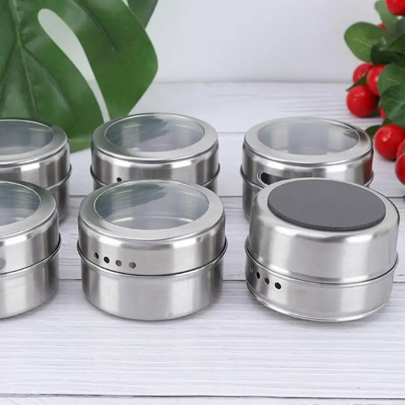 Kitchen Counter Seasoning Jar Set, 12 Piece Metal Jars with Clear Top Window, Base Tray and Daily Cooking Access for Home B03E